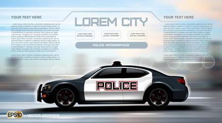 Realistic Police car Infographic. Urban city background. Online Cab Mobile App, Cab Booking, Map Navigation e-commerce business concept. Digital Vectorのイラスト素材