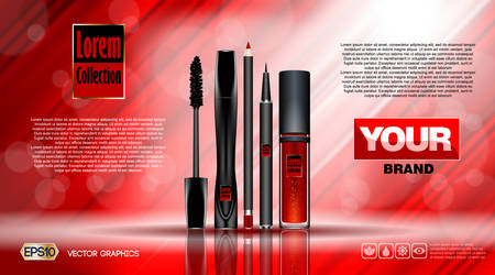 Cosmetic set ads template, mascara and brow s gel, eyeliner, lipstick collection cover mockup. Red background fragrance. Dazzling effect background. 3D Realistic Vector illustrationsのイラスト素材