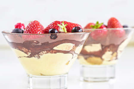 Delicious Homemade tiramisu with berries on white background. Shallow depth of fieldの写真素材