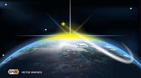 Earth Space ads template. Cosmic stars lights background. 3D Realistic Vector illustrationのイラスト素材