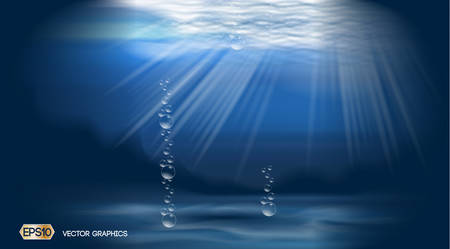 Water bubbles Deep ocean background ads template. 3D Realistic Vector illustrationのイラスト素材