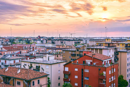 Mestre Italian city at sunrise view from above. Beautiful buildings in morning light