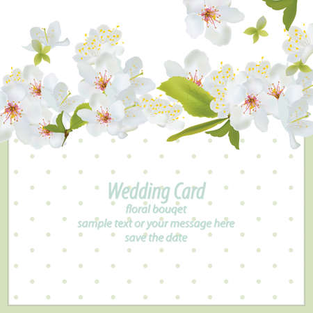 Spring blossom flowers card dotted background. Retro delicate Wedding Invitation. Place for text. Vector illustrationのイラスト素材