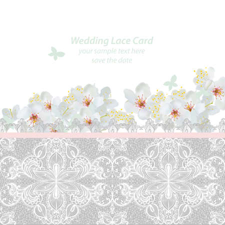 Spring blossom flowers and Lace Wedding Invitation delicate card. Vector illustrationのイラスト素材