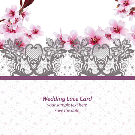 Cherry blossom Lace card frame. Spring delicate flowers Wedding Invitation. Place for text. Vector illustrationのイラスト素材
