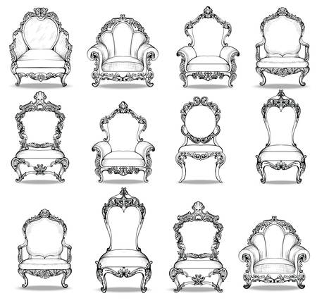 Vintage Baroque luxury style armchairs furniture set collection. French Luxury rich carved ornaments decoration. Vector Victorian exquisite Style furnitureのイラスト素材