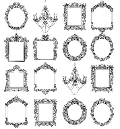 Rich Baroque Rococo frames set. French Luxury carved ornaments. Vector Victorian exquisite Style decorated framesのイラスト素材