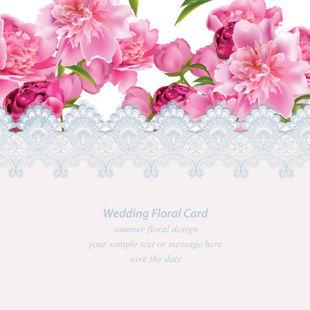 Peony flowers and delicate lace card. Springtime fresh natural composition Vectorのイラスト素材