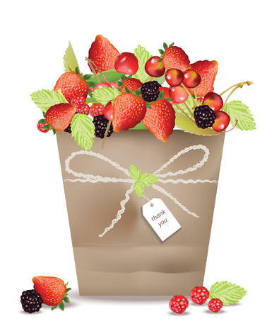 Berry fruits and cherry in a basket. Vectorのイラスト素材