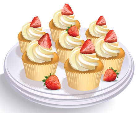 Strawberry Cupcakes on a white table. Summer delicious colorful desserts