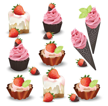 Set of delicious sweets and desserts with fruits. Summer confectionary bakery treats Vector illustrationのイラスト素材