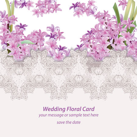 Lily flowers and delicate lace card. Springtime Summer fresh natural wedding card. Vector illustrationのイラスト素材