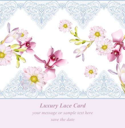 Lily flowers and chamomile delicate lace card. Springtime Summer fresh natural wedding card. Vector illustrationのイラスト素材