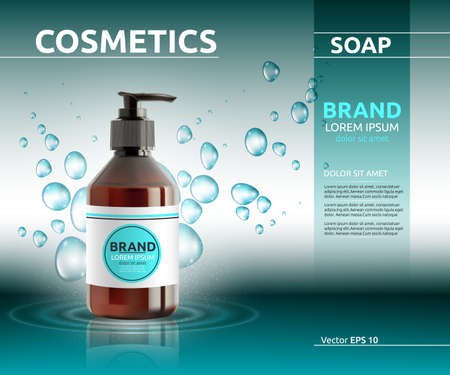 Liquid soap cosmetic ads template. Hydrating body lotion. Mockup 3D Realistic illustration. Sparkling bubbles over blue backgroundのイラスト素材