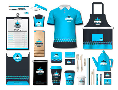 Business fastfood corporate identity items set. Vector fastfood Color promotional uniform, apron, menu, timetable, coffee cups design with logos. Work Stuff Stationery realistic collectionのイラスト素材