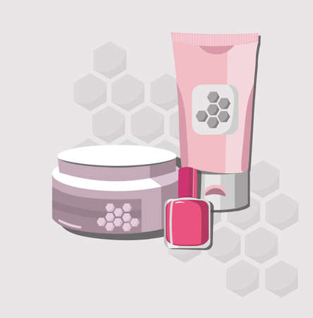 Vector organic Cosmetics set package. Hydration water formula cream and lotion, liquid soap. Perfect for advertising, flyer, banner, poster. Pink color 2d illustrationのイラスト素材