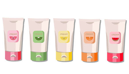 Cream package set. Fruit fragrance. Watermelon, kiwi, orange handcream label. Vector advertise, template, icon, logoのイラスト素材