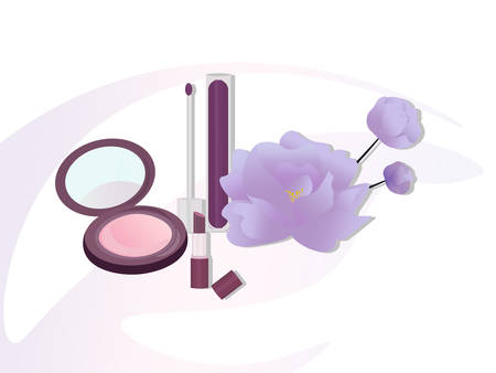 Vector Cosmetics set package. Floral Perfume collection, blush, lipstick, lip balm. Perfect for advertising, flyer, banner, poster. 2d illustrationのイラスト素材