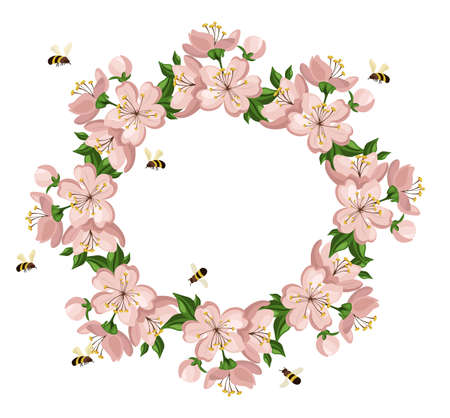 Vintage colorful Floral crown Vector summer cherry blossom. Hand drawn illustrationのイラスト素材