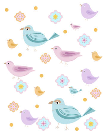 Birds floral pattern for kids books or colorbooks Vector illustrationのイラスト素材