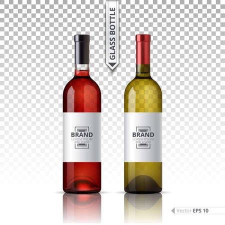 White and red wine bottles isolated on transparent background. Vector 3d detailed mock up set illustrationのイラスト素材