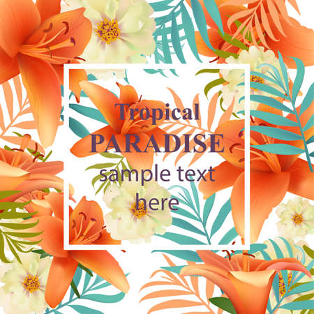 Tropical vector floral card, summer template design with palm leaves and exotic flowerのイラスト素材