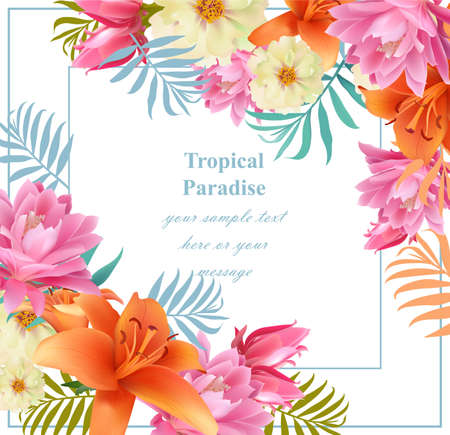 Summer themed template floral vector card, with different types of flowers and leavesのイラスト素材