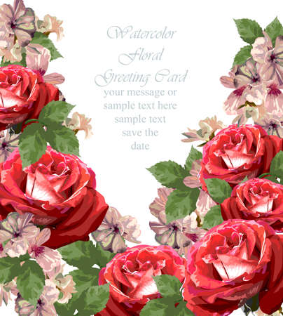 Red roses card Vector. delicate summer card. Springtime fresh natural compositionsのイラスト素材