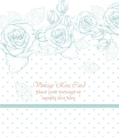 Blue line art roses card Vector. delicate summer card. Springtime fresh natural compositionsのイラスト素材