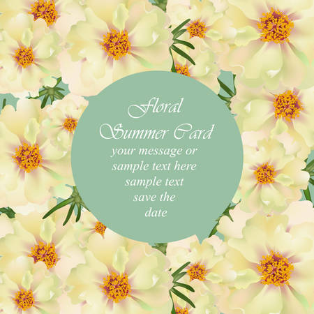 Summer delicate round flowers card frame. Spring Season delicate watercolor flowers Wedding Invitation. Place for text. Vector illustrationのイラスト素材