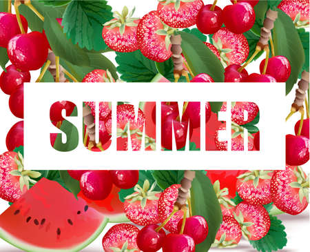 Summer watermelon, strawberry, cherries fusion background Vectorのイラスト素材