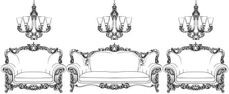 Baroque furniture set with luxurious ornaments. Vector French Luxury rich intricate structure. Victorian Royal Style decorのイラスト素材