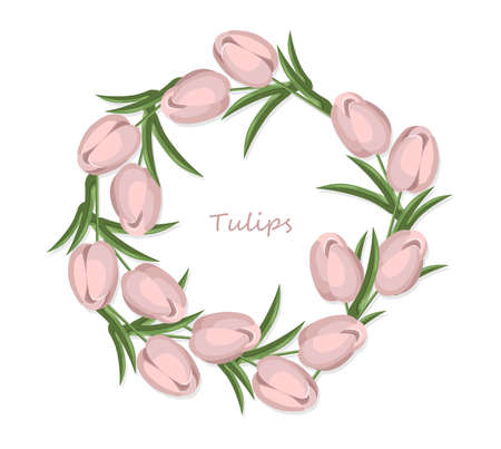 Vintage tulips flowers round wreath card vector background. Wedding invitation, springtime delicate decorsのイラスト素材