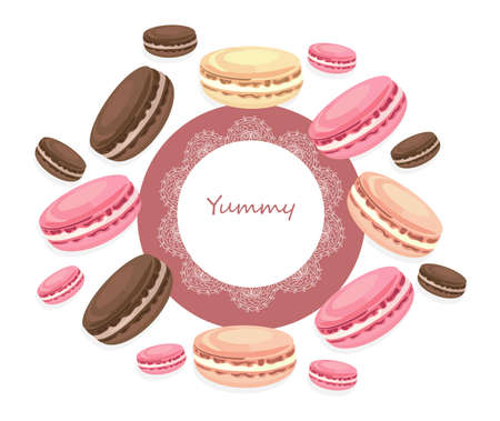 Vector delicious macaroons round card for menu, invitation, party,のイラスト素材