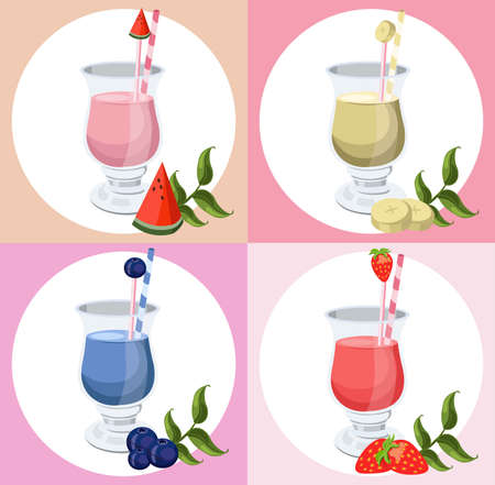 Summer cocktail fruits set vector. Fresh drink retro style backgroundのイラスト素材