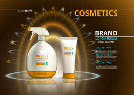 Sun protection cosmetic product design. Cosmetic bottle on a blur sparkling background. Template for ads or magazine. 3d illustrationsのイラスト素材