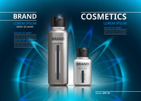 Cosmetic package ads template. Shampoo or shower gel, skincare products in silver bottles. Mockup 3D Realistic illustration. Sparkling water drops backgroundsのイラスト素材