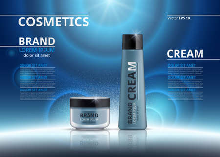 Cosmetic realistic package ads template. Hydrating face mask and body cream products in blue bottles.のイラスト素材