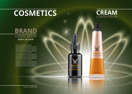 Vector Realistic Cosmetics package. Hydrating Under Eye Gel tube and face serum. Beauty products with logo label design. 3d set collection on sparkling backgroundsのイラスト素材