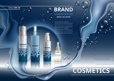 Digital Vector Realistic Cosmetics set collection packages. Bottles for beauty products with logo label design. Hydrating Skin care gel or mousse, spray and serum bottles. Mockup 3D Realistic illustration. Sparkling water drops backgroundsのイラスト素材