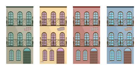 Set collection of colored architecture facade buildings vectorのイラスト素材