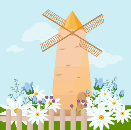 Mill in the springtime. Camomile flower provence stylesのイラスト素材