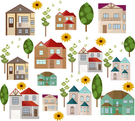Buildings and green trees Pattern background Vector illustrationのイラスト素材