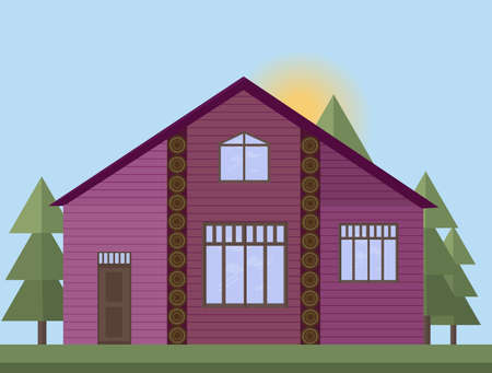 Purple painted Wooden house facade in the forrest. Vector illustration sunset backgroundsのイラスト素材