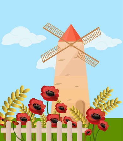 Mill in the summer Vector. Poppy flowers provence styleのイラスト素材