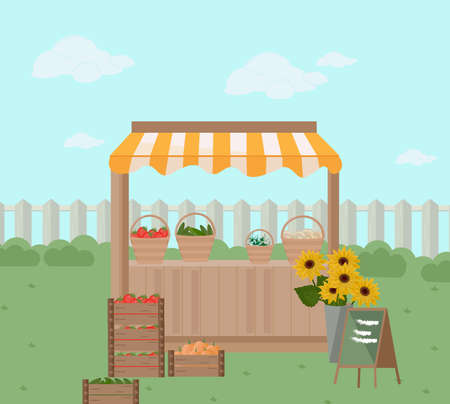 Fresh Grocery on a farm shelf store. Vector illustrationのイラスト素材