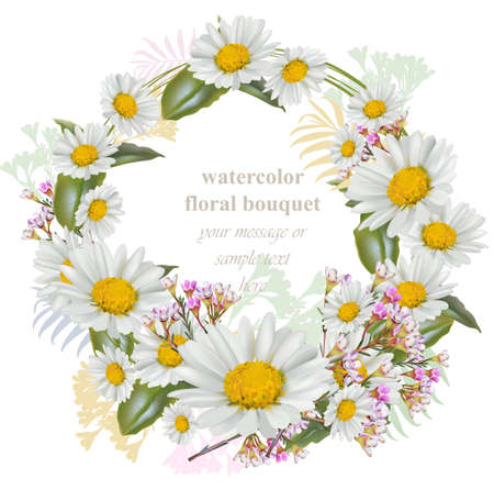Chamomile flowers round wreath card. Decor frame Vector illustrationのイラスト素材