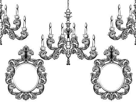 Baroque chandelier and mirror frames. Detailed rich ornament vector illustration graphic line artのイラスト素材