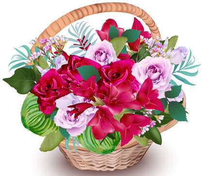 Realistic Floral bouquet in a basket Vector. Beautiful decor detailed illustrationのイラスト素材