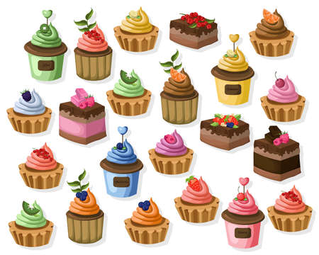 Big set of colorful desserts. Tartlet, cheesecake, mousse Vector illustrationsのイラスト素材
